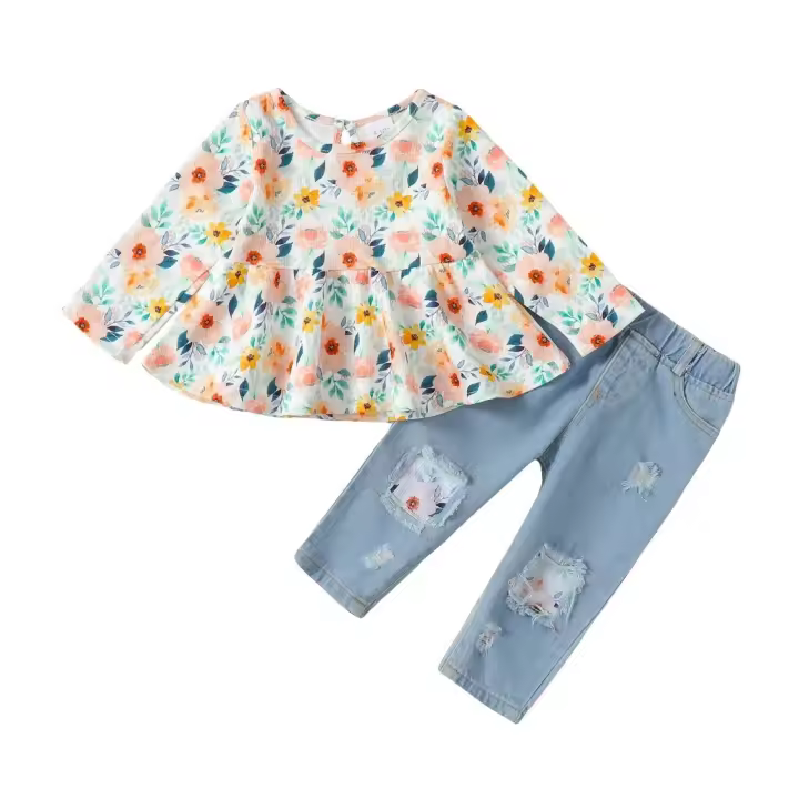 Conjunto De Moda Para Niñas De 1-4 Años 2 Piezas Camisa De Manga Larga Floral Y Jeans Con Agujeros Adecuado Para Primavera Y Otoño - 1