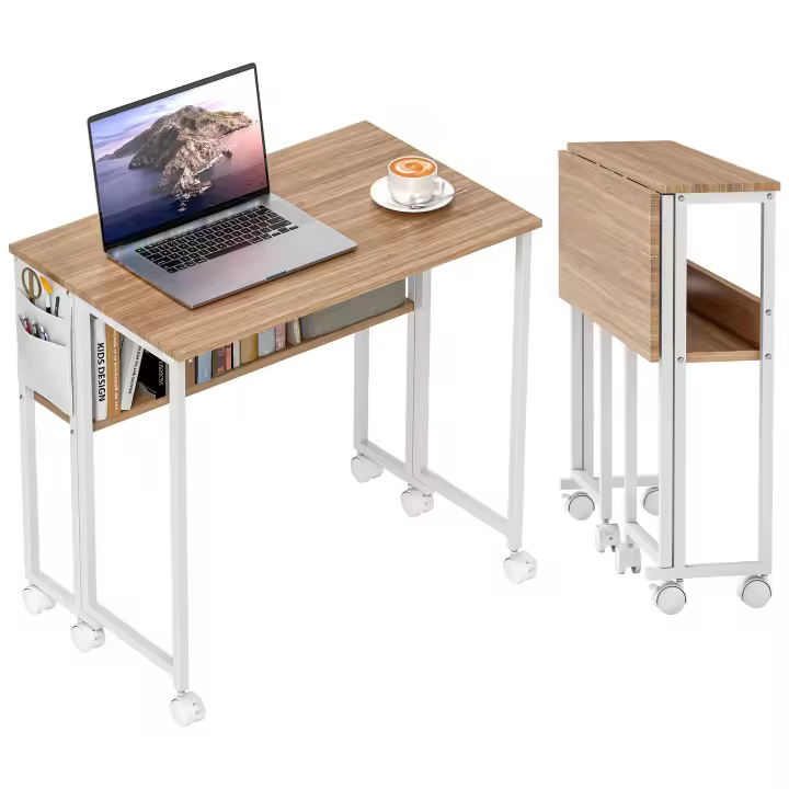 HOMCOM Escritorio Plegable con Ruedas y Estante Mesa Escritorio Compacta con Bolsillo de Almacenaje Mesa de Ordenador Portátil para Casa Oficina Espacios Pequeños 80x50x75 cm Natural - 1