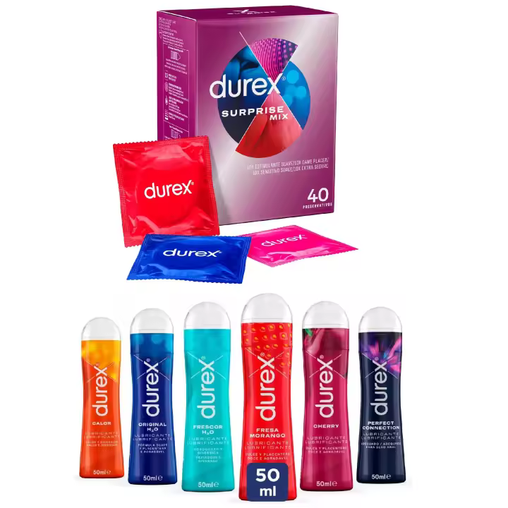 Durex - Lote Surprise Mix, Pack 40 Preservativos + Lubricantes Durex 50ml, Original, Calor, Frescor. Fresa, Perfect Connection y Cherry - 1