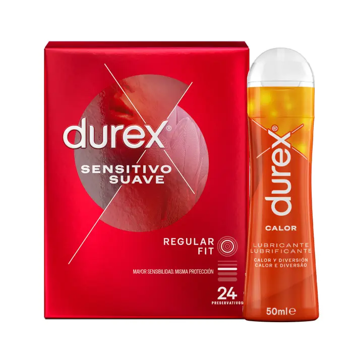 Durex - Lote 24x Preservativos Sensitivo Suave + Lubricante Efecto Calor 50 ml, Sexo Seguro. Perímetro Regular, Grosor Fino - 1