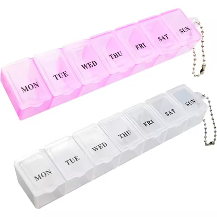 Caja de pastillas de 2 piezas, organizador de pastillas portátil de 7 días Caja de tableta de viaje con compartimentos para medicamentos, vitaminas y aceite de hígado de bacalao (rosa y blanco) - 1