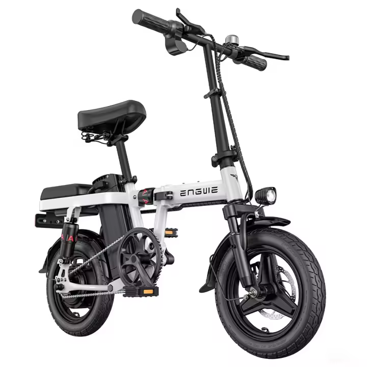 ENGWE T14 Bicicleta Eléctrica Plegable con Neumático de 14 Pulgadas, Motor sin Escobillas de 250W, Batería de 48V 10Ah, 25 km/h, velocidad máxima de 80km, Amortiguador triple, Freno de disco mecánico, rueda libre de 7 velocidades - Blanco - 1