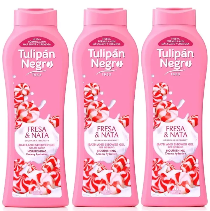 TULIPAN NEGRO, Gel de Baño y Ducha Fresa y Nata 650ml (Pack de 3x650ml), De la Linea Gourmand Intensity, Cuidado Diario de la Piel, Cremosa Hidratacion y Suavidad, Deliciosa Fragancia Intensa y Dulce con Olor a Caramelo de Fresa y Nata - 1