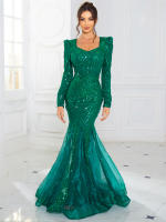 Vestido De Noche Maxi Con Encaje Y Lentejuelas Fishtail Elegante De Organza Patchwork Con Manga Larga V-Neck Verde Azul Formal Para Mujer - details 9
