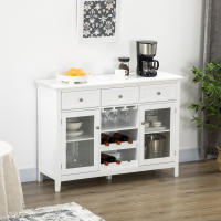 HOMCOM Aparador de Cocina Mueble Buffet Auxiliar con 2 Puertas de Vidrio 3 Cajones Botellero para 6 Botellas y Estante para 15 Copas para Comedor Salón Estilo Moderno Antivuelco 120x40x87 cm Blanco - details 1