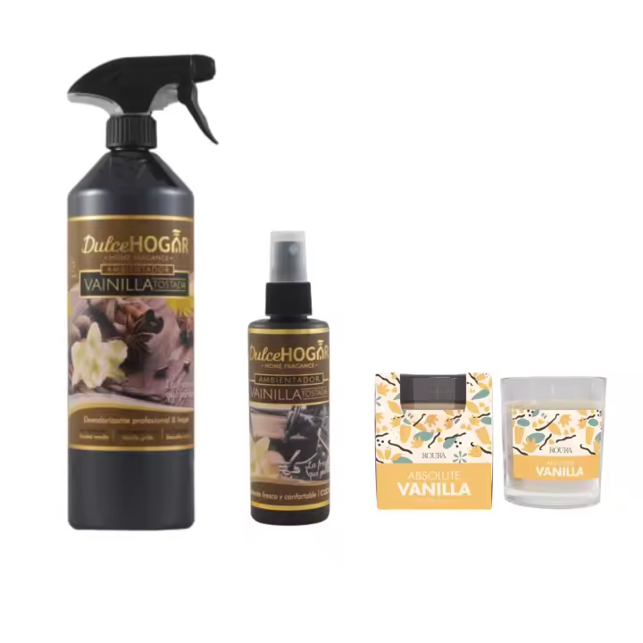 PACK TRIO VAINILLA – Ambientador 750mL + Mini Spray 90mL + Vela Aromática de 30 Horas | El Mejor Ambientador del Mercado con Aroma Duradero a Vainilla Tostada 🍦🕯️ - 1