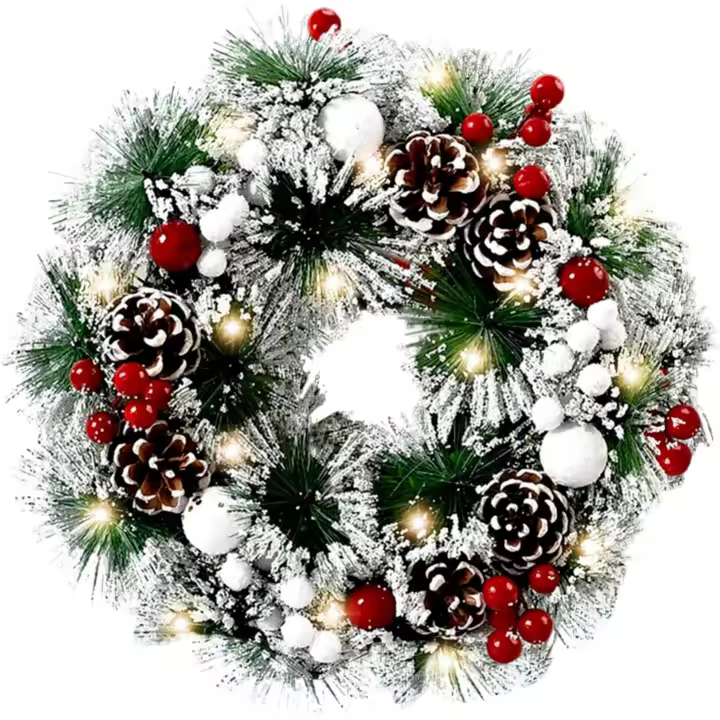 Corona Puerta Navidad, PiñOnes,Bayas Rojas Corona NaviñA Iluminada, Decoración NavideñA Puerta, Corona NavideñA, Adornos NavideñOs, Decoración para Adviento y Navidad - 1