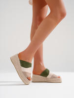 Sandalias de cuña de suela gruesa informales de estilo bohemio para playa Tricolor y verano con punta abierta, Mules de Plataforma con Punta Abierta de Esparto - details 2