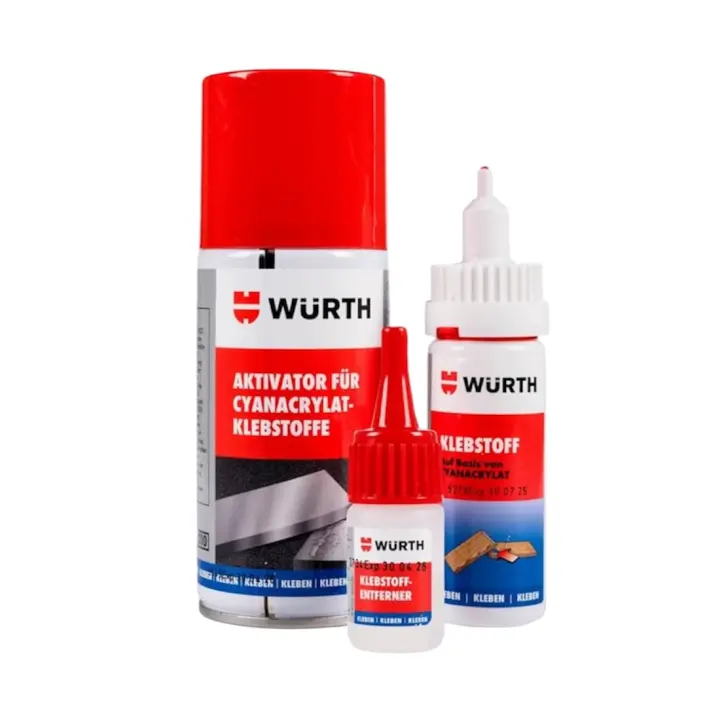 Pegamento adhesivo cianocrilato Würth + Set 50g + Activador 150g + Limpiador - Ideal para Reparaciones, Manualidades, Bricolaje - Adhesivo Instantáneo Versátil y Duradero - 1