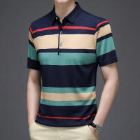 Camisa Polo De Hombre Para Verano 2024 Con Rayas Tejida Cómoda Y Fresca Estilo Casual Moda T-shirt Manga Corta Color Contraste - details 4