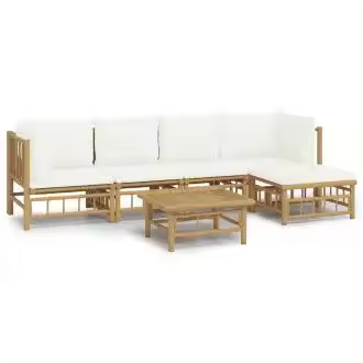 VIDAXL juego de sofás y reposapiés con mesa para jardín de 6 piezas fabricado en bambú con cojines de color blanco vida xl - 1