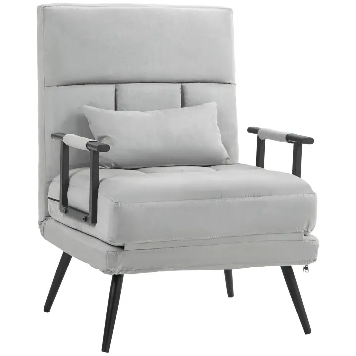 HOMCOM Sofá cama de 1 plaza Sillón 3 en 1 con respaldo reclinable en 5 direcciones, reposabrazos y cojín, efecto terciopelo, gris - 1