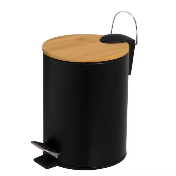 Dcasa Papelera de pedal negro de bambú y metal de 3 litros - 1