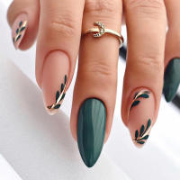 Juego De Uñas Postizas Press on Almendra 24Pcs Set Hojas Verdesoscuro Temperamento Dulce Uñas Artísticas Wearables Material Acrílico - details 0