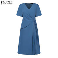 Vestido Midi Elegante De Verano Para Mujer ZANZEA Con Cuello V Y Manga Corta Vestido De Fiesta Trabajo OL Vestido De Seda Pleated - details 10