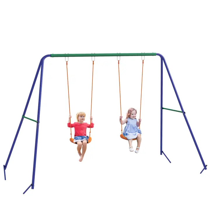 Outsunny Columpio Infantil Columpio para Niños de 3-8 Años con 2 Sillas Resistente a los Rayos UV y Soporte de Metal Carga 90 kg para Patio Jardín Multicolor - 1
