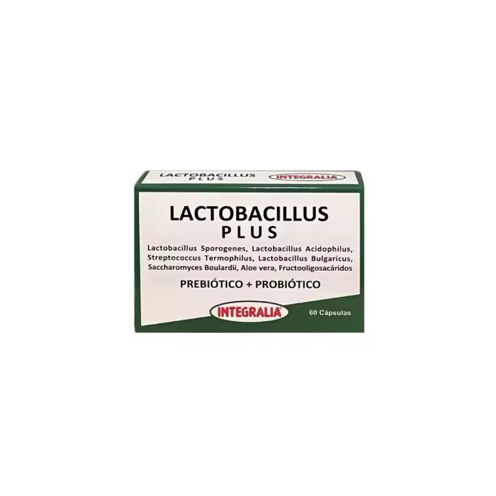 Lactobacillus plus. Integralia.60 cápsulas. Complemento alimenticio a base Prebióticos y Probióticos de cepas de Lactobacillus combinadas con Aloe Vera, que regulan y mejoran las condiciones de la flora intestinal. - 1