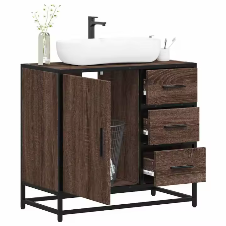 vidaXL Mueble de baño para lavabo 65x33x60 cm en color Roble ahumado/Marrón roble/Roble Sonoma y más | almacenamiento funcional diseño moderno para baño dormitorio sala - 1