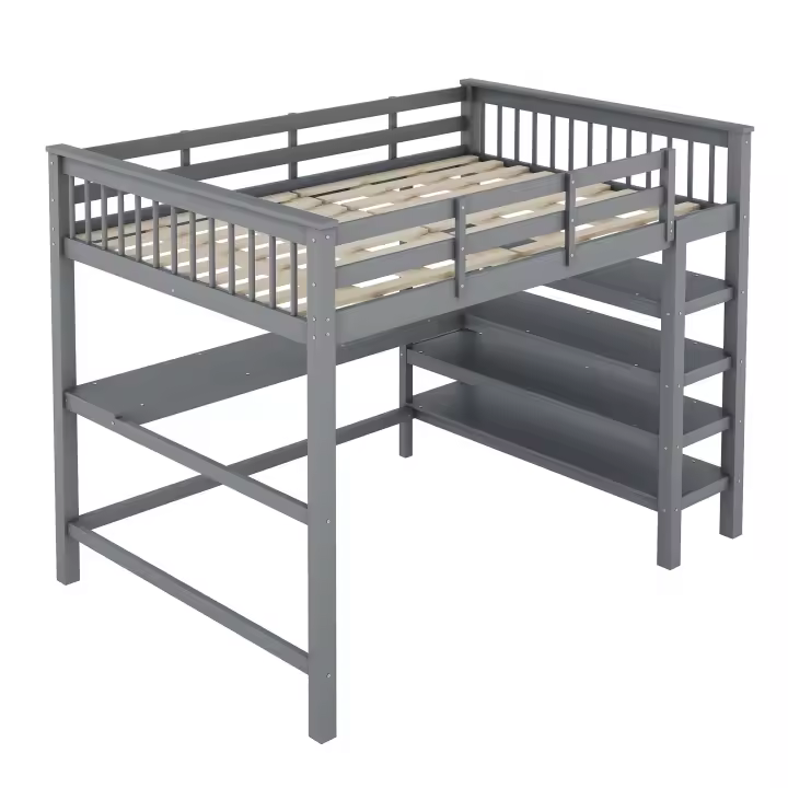 Cama Elevada Infantil 140x200-Robusta Estructura with Caja de Almacenaje Integral y Escribano Bajo Cama - Diseño Moderno en Gris Sin Colchón - 1