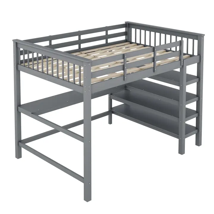 Cama Elevada Infantil 140x200-Robusta Estructura with Caja de Almacenaje Integral y Escribano Bajo Cama - Diseño Moderno en Gris Sin Colchón - 1