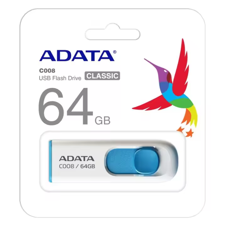 ADATA C008 64GB USB 2.0 Blanco/Azul - Diseño Elegante y Sin Tapa - 1