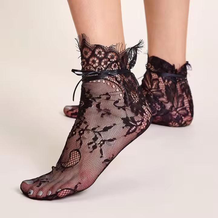 Medias De Encaje Negro Para Mujer Translúcidas Con Agujeros Medias De Algodón Puro Estilo Japonés Suéter Colores Princesa - 1
