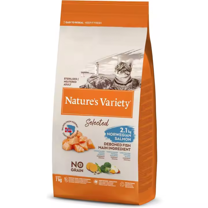 Natures Variety Pienso para Gatos Adultos Esterilizados Nature's Variety Selected con Salmón Noruego 7kg - Control de Peso | Piel y Pelaje Saludables - 1