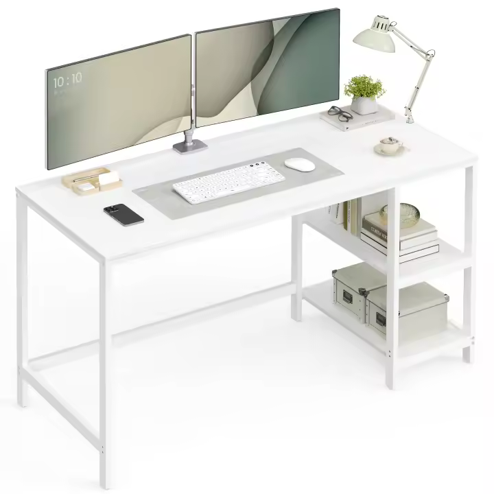 Escritorio Moderno con 2 Estantes Ajustables Izquierda o Derecha, Mesa de Trabajo para Salón y Oficina, Estructura de Acero, Blanco o Negro, 140x60x90 cm - 1