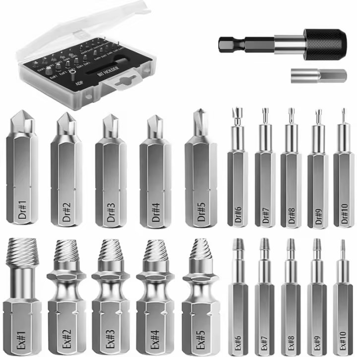 Kit de extractor de tornillos rotos, 22 piezas de herramientas de extracción de acero de aleación HSS 4341 mejoradas con brocas, 2 soportes magnéticos para puntas de extensión, adaptador de enchufe para pernos dañados, negro LO-Ron - 1