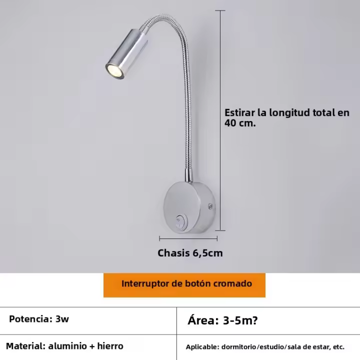 Lámpara De Pared LED 3W Con Cuello De Ganso Flexible Ajustable Con Interruptor Para Lectura Estudio Dormitorio 85-265V - 1