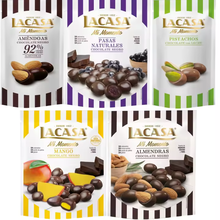 Lacasa Mi Momento pack de 5:Pistacho Chocolate Leche ,Almendra 92% ,Pasas Chocolate Negro ,Almendra Chocolate Negro ,Mango Chocolate Negro - 1