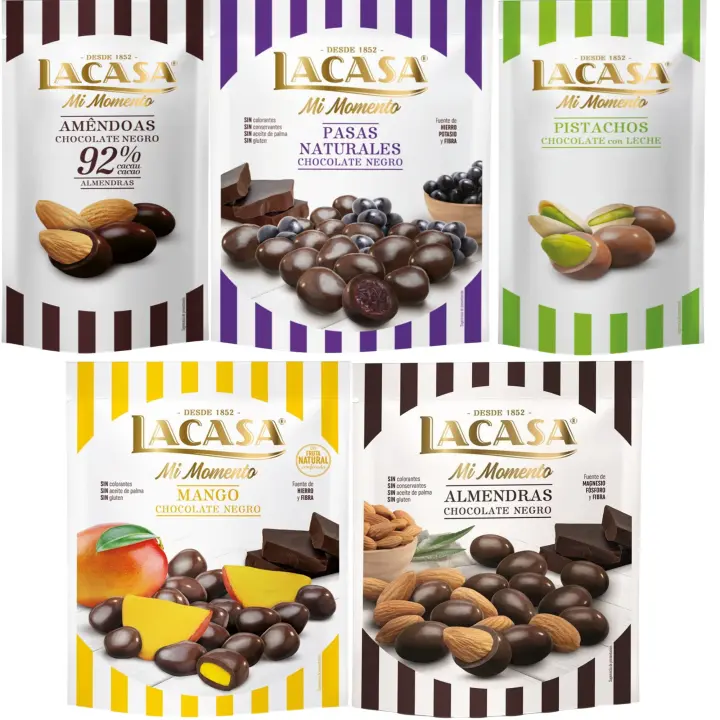 Lacasa Mi Momento pack de 5:Pistacho Chocolate Leche ,Almendra 92% ,Pasas Chocolate Negro ,Almendra Chocolate Negro ,Mango Chocolate Negro - 1