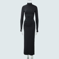 Vestido Largo De Otoño Para Mujer En Negro Con Cuello Alto Y Manga Larga Vestido Frock De Corte Slim Con Abertura Lateral Y Doblez En La Cintura - details 5