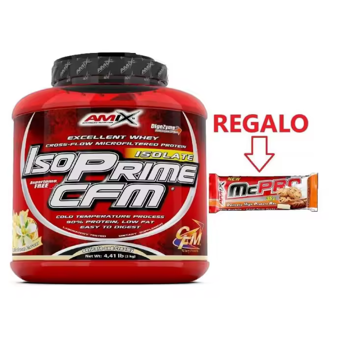 Amix - ISOPRIME CFM 2Kg SABOR VAINILLA + BARRITA PROTEICA REGALO- Proteína Aislada de Suero con 90% de Pureza, Recuperación Muscular, Baja en Grasa y Lactosa, Endulzado con Esplenda - 1