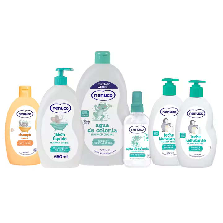 Nenuco Pack Completo Cuidado Bebé | Jabón Líquido 650 ml + Champú Suave 500 ml + Agua de Colonia 1100 ml + Spray 240 ml + 2x Leche Hidratante 500 ml | Fragancia Original | Sin Lágrimas | Dermatológicamente Testado - 1