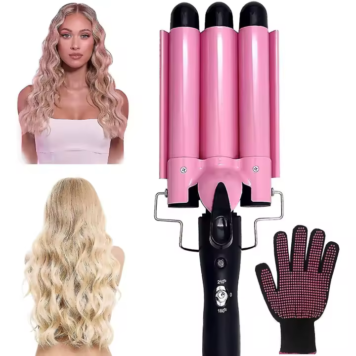 Ssxjx Hair Waver, 3 Barrel Curling Iron Wand Crimper Hair Iron Temperatura Ajustable Rosa - 1