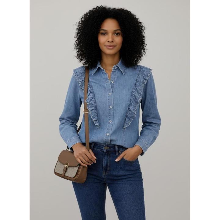 Camisa vaquera con volantes goma en el puño tallas S, M y L - Ciminy