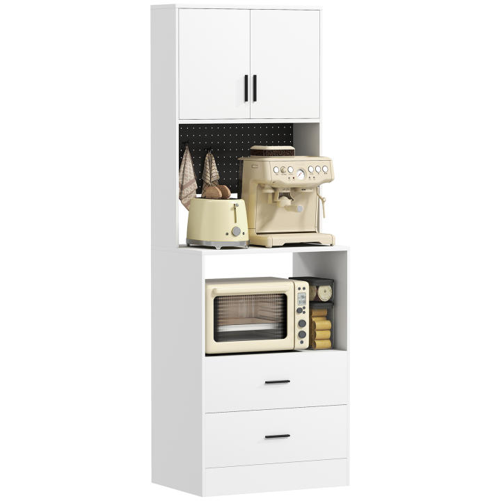 HOMCOM Mueble Auxiliar de Cocina, Aparador de Cocina con Soporte para Microondas, 2 Cajones, 2 Puertas, Estante Ajustable y Panel Perforado de Metal con 4 Ganchos, para Salón, 60x40x170 cm, Blanco