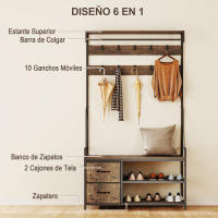 HOMCOM Perchero Zapatero 6 en 1, Perchero Entrada Recibidor con Banco, Zapatero Doble, 10 Ganchos Ajustables, 2 Cajones, Barra Colgante, Estilo Industrial, para Pasillo, 100x40x180 cm, Marrón Rústico - details 4