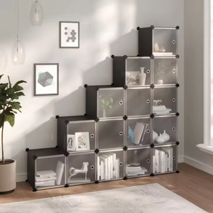 vidaXL Estantería de cubos con 15 compartimentos y puertas PP negro - 1