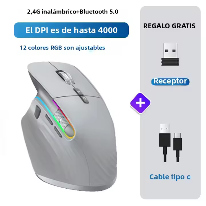 Ratón Inalámbrico Bluetooth 2.4G Recargable Con LED RGB De 12 Colores Ergonómico Para Juegos Compatible Con Computadora Laptop iPad - 1