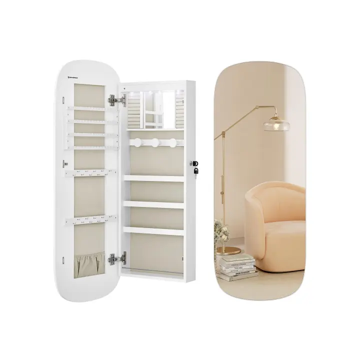 SONGMICS Armario para Joyas, Espejo Joyero de Pared, Organizador con Luz LED y Cerradura, Varios Compartimentos, para Pendiente, Collar, Superficie Blanca y Forro Gris Beige - 1