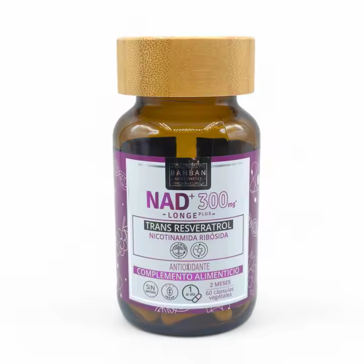 NAD+ 300mg con Trans-resveratrol 60 cápsulas Banban Nutricosmetics, NAD + Resveratrol. Antioxidante. Ayuda a mantener la función celular. Antienvejecimiento. Suplemento Nutricional. Protección cardiovascular y antiinflamatorio. Metabolismo celular. - 1