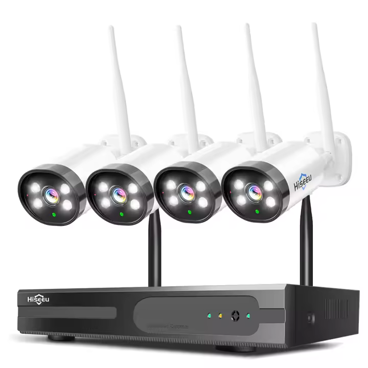 Hiseeu 10CH NVR 3MP Sistema de Seguridad WiFi Kit, con 4 Cámaras, Detección de Humanos, Visión Nocturna IR, Audio Bidireccional, Impermeable IP66, Compatible con Alexa, Sin HDD - 1