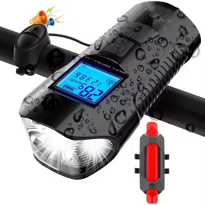 Luz para Bicicleta con Cuentakilómetros y Bocina Recargable USB, el interior Bike Delantera y Luz Trasera Bicicleta, Velocímetro Impermeable LED Luz Bicicleta Set, Luz Bicicleta para Carretera y Montaña Segurad PARA LA Noche - 1
