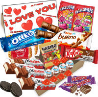 Cajita Regalo San Valentín I Love You con 20 Chocolates Kinder Bueno, Galletas Oreo, Kinder Schoko Bons, Ositos Haribo, Kit Kat, Huesitos, Galleta Lotus Biscoff y Mucho Más. Incluye Tarjeta I Love You. Creada por WikiMark - details 0