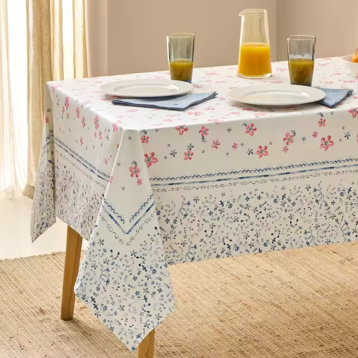 TEXTURA Mantel antimanchas flores y hojas Tile color azul100% Algodón, Tejido, Floral, Disponible en: 4 Comensales/6 Comensales/8 Comensales/10 Comensales - 1