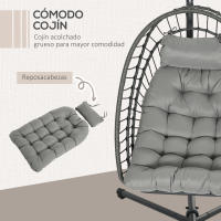 Outsunny Silla Colgante de Ratán Sillón Colgante Plegable con Cojín Reposacabezas y Marco de Acero Carga 100 kg para Interior y Exterior Gris Oscuro - details 5