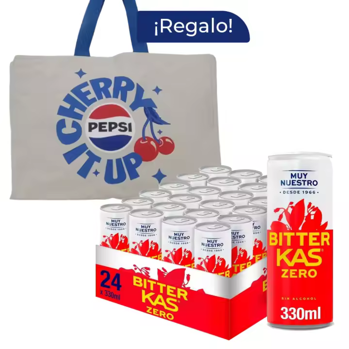 Pack Regalo Bitter KAS Zero 24 Latas x 330 ml + Tote Pepsi, Refresco Amargo sin Alcohol, Bebida Única y Deliciosa, sin Azúcar y con Burbujas, sin Alcohol, Bebida Refrescante y Amarga, Ideal como Aperitivo - 1