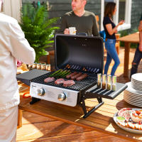 Outsunny Barbacoa de Gas con 2 Quemadores de Acero Inoxidable 2,8 KW Barbacoa Portátil con Mesas Laterales Plegables Bandeja Extraíble y Termómetro para Pícnic Camping 101x48x41 cm Negro - details 1
